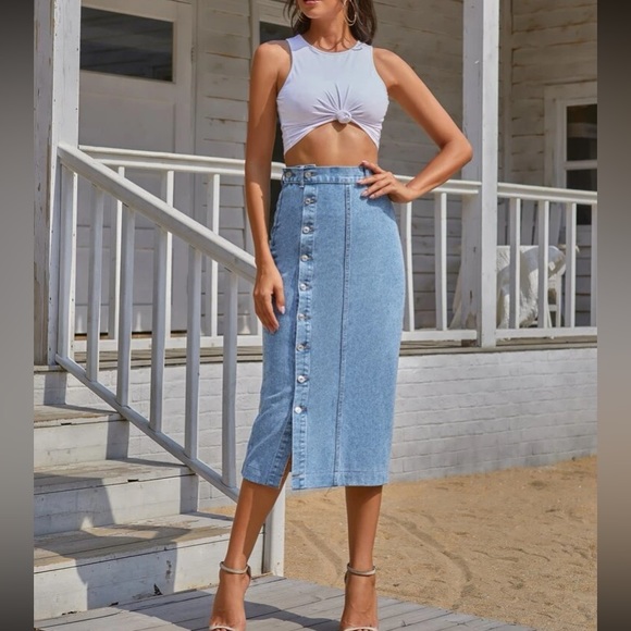 Boho button detail denim midi skirt - Picture 3 of 16